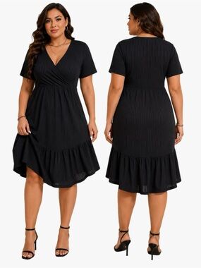 SHEIN Curve Black Ribbed Faux Wrap Ruffle Hem Dress Plus Size 3X